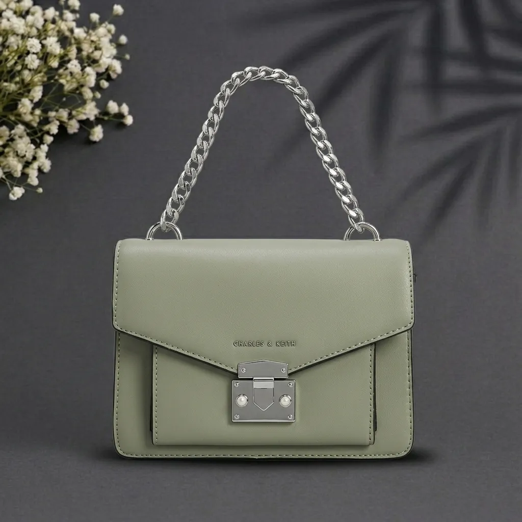 Charles & Keith Sage Green Chain Handle Push-Lock Crossbody Bag