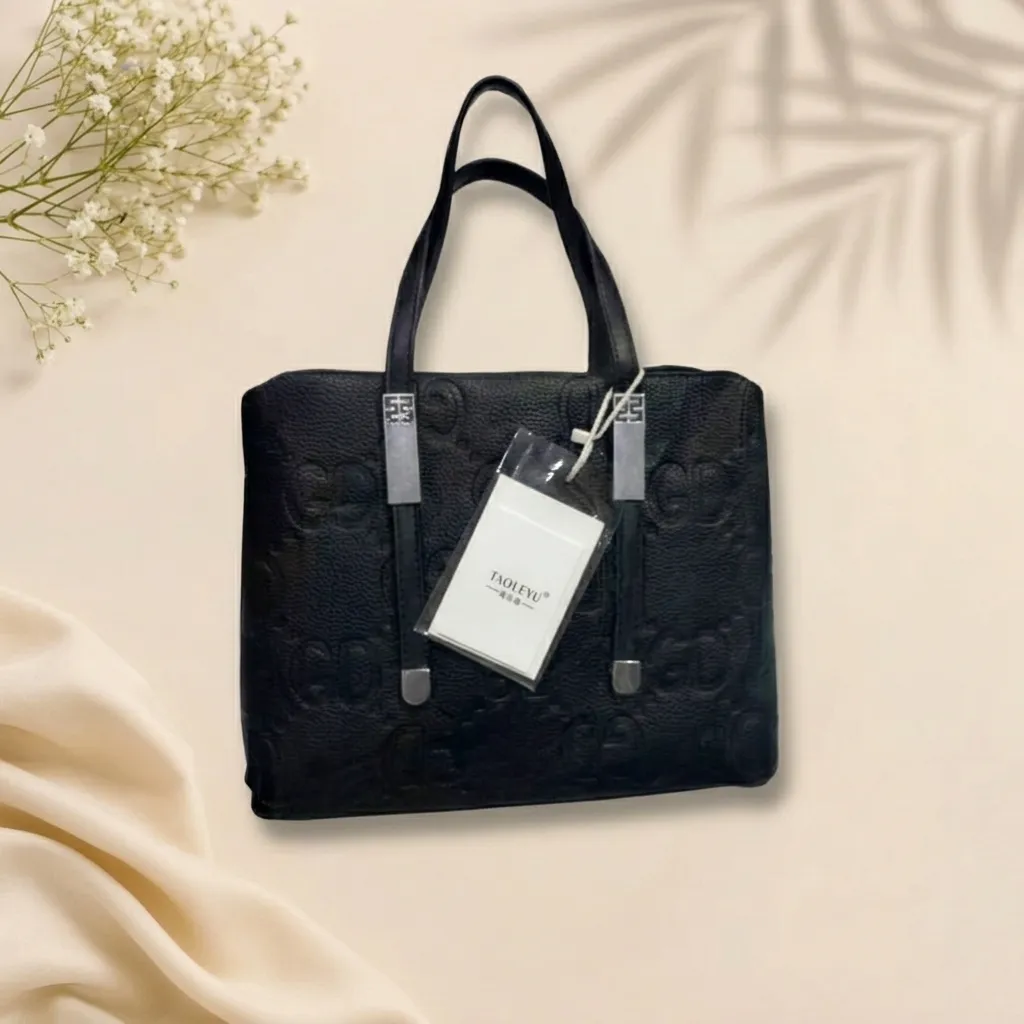 TAOLEYU Black Embossed Monogram Tote Bag
